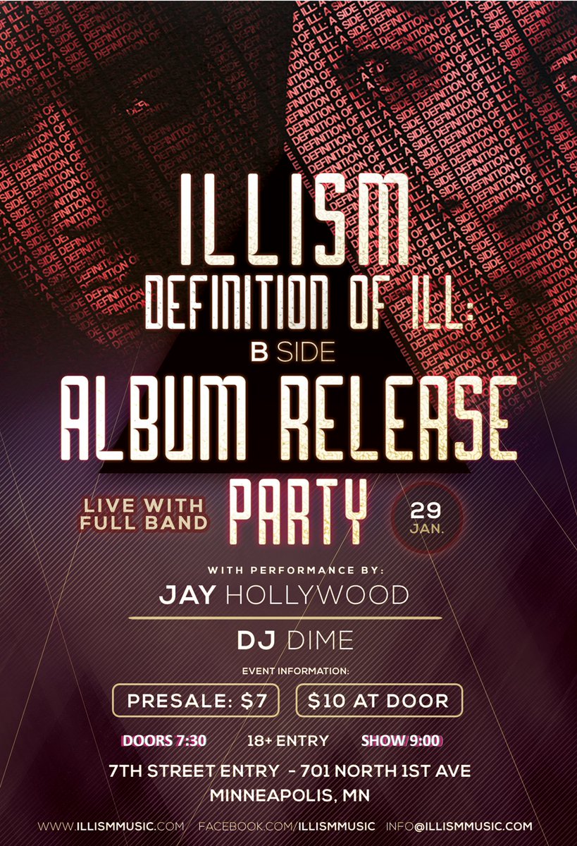 iLLismMusic's tweet photo. It's that time again! Side B to our album is ready for release. Come out Jan 29th to First Avenue &amp; 7th St Entry!🎸🎹🥁🎤🎼👌🏾👑 https://t.co/0FtFmojOaU