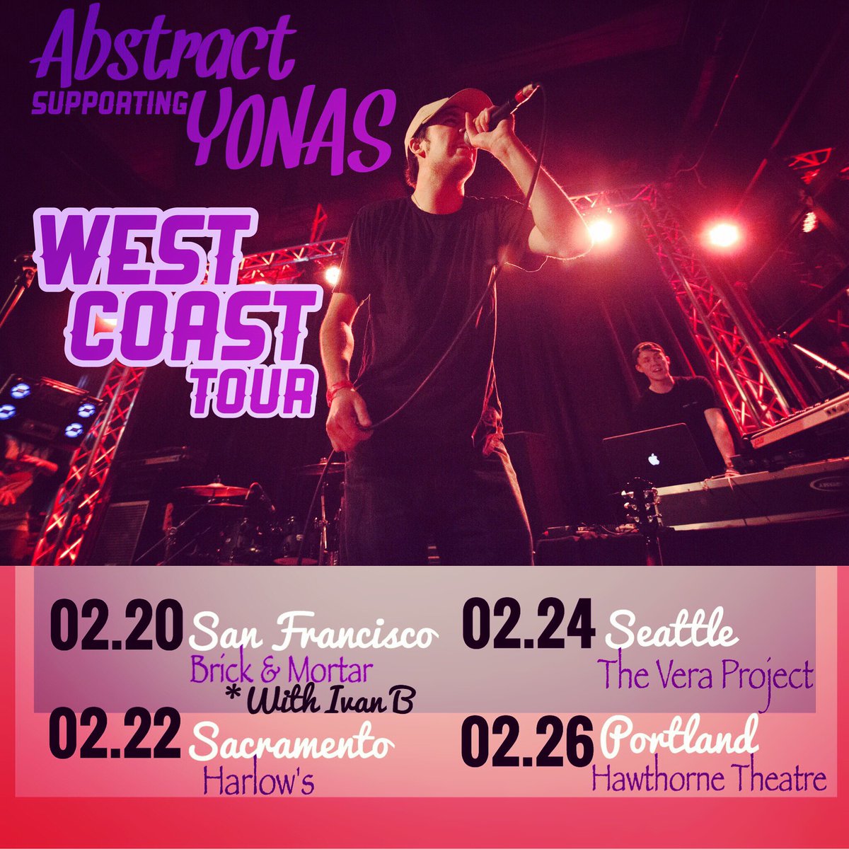 TheTrueAbstract's tweet photo. ABSTRACT ON TOUR! 
I'll be seeing all my West Coast people with @itsYONAS on the dates below! Grab tickets here: https://t.co/HTjjC3Ut6x https://t.co/XyFkxE5REC
