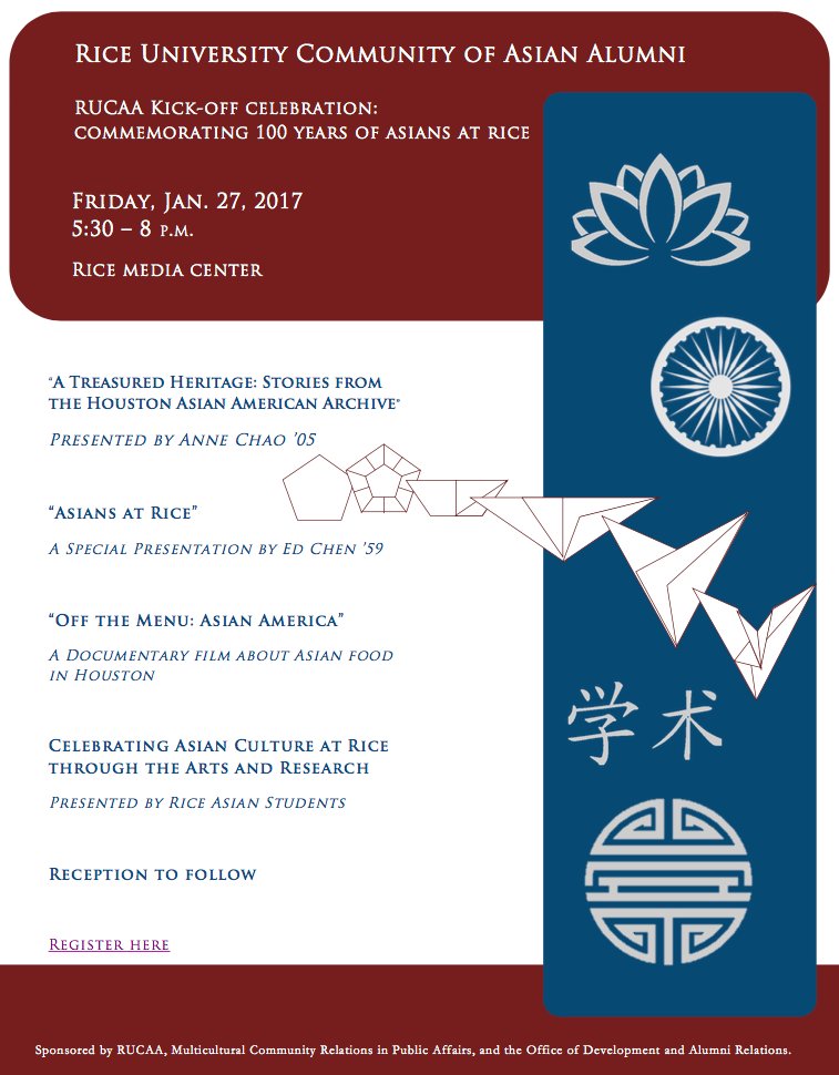 RiceUniversity's tweet photo. Commemorating 100 years of Asians at Rice. Join Rice University Community of Asian Alumni for kickoff celebrations! https://t.co/cw5JrZSzGm https://t.co/Afo6xVt2Fz