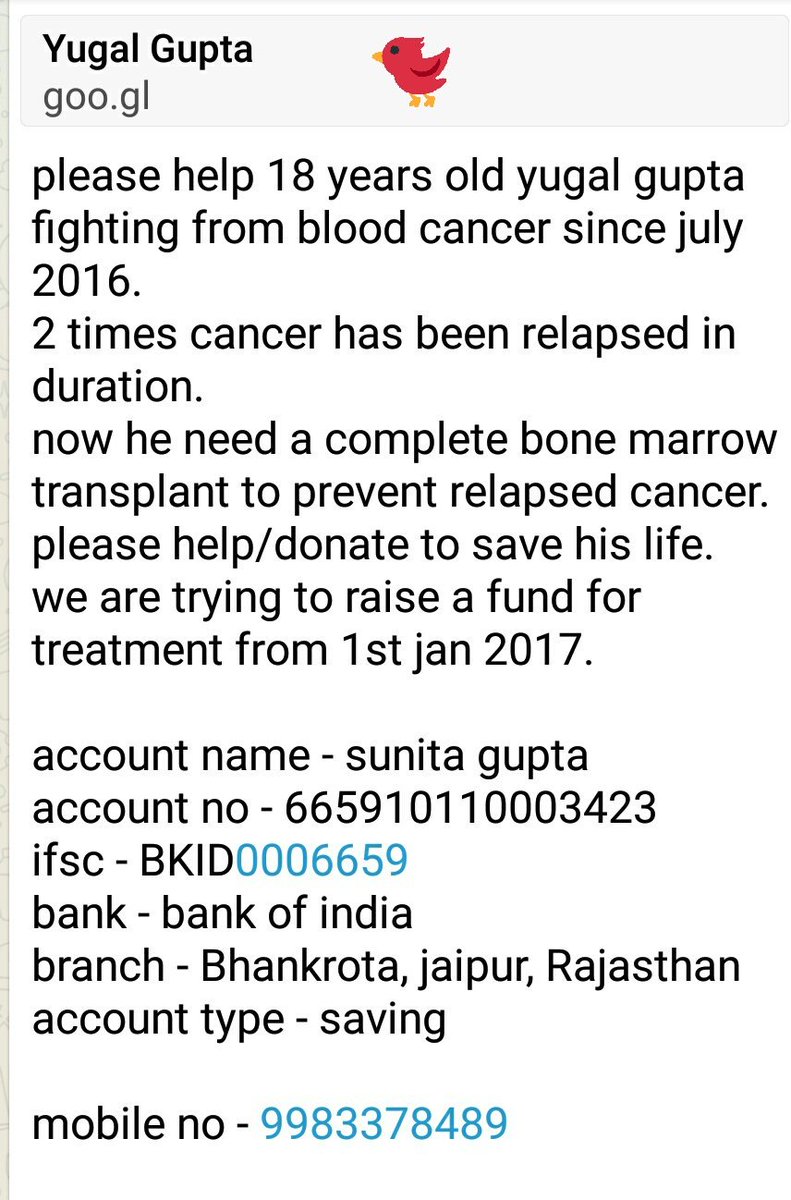 s7manish's tweet photo. @MotivatedLiving @virendersehwag #never lose hope #Yugal #18old #Bldcancer my friend 🙏
So plz Rtwt🐦🐦🙏🐦 & Help🏀 as you can .
Thank you https://t.co/UlvJOEMBmh