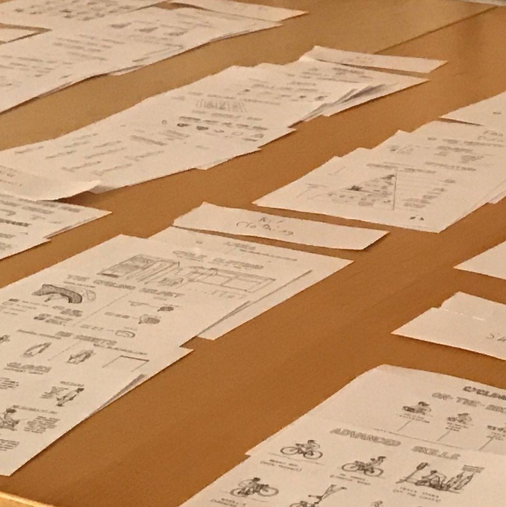 Lots of pieces of paper laid out on the table - sorting the order of cartoons for #thecyclingcartoonist