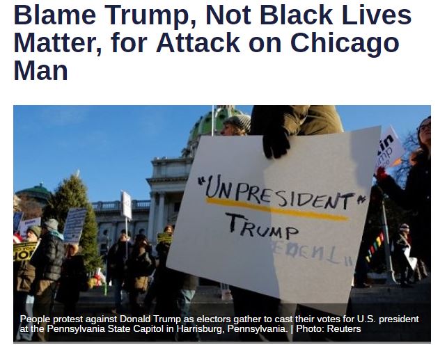 ShoreyMichael's tweet photo. This is the most ridiculous headline of the Chicago #blmkinapping.Blame Trump for #blacklivesmatter hate groups undeniable role in attack. https://t.co/cHl5cFE9U3