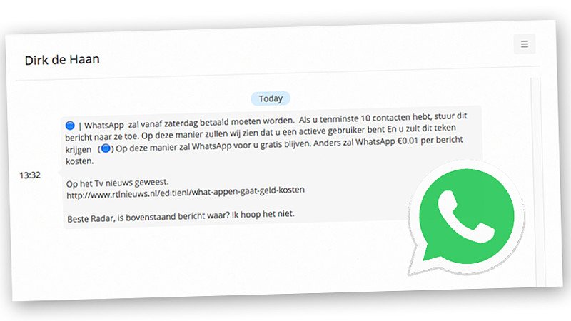 avrotrosradar's tweet photo. Betalen voor WhatsApp? Pas op: er gaat weer een #hoax rond: https://t.co/hMzuvN94Z3 Waarschuw je vrienden en RT. https://t.co/FKPrOsbZbP