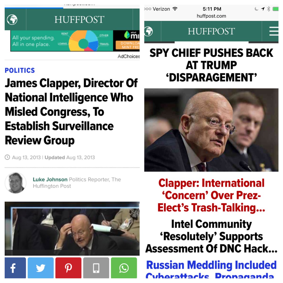 JamesOKeefeIII's tweet photo. To fake Journalists, one year Clapper a perjured lying criminal, next year he is an unimpeachable witness. The media is utterly ridiculous. https://t.co/pyGnmt3BzK