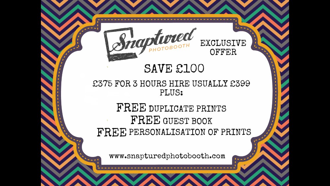 Snapturedbooth's tweet photo. Our offer for #wedding couples @BridalmarketLtd wedding fair @KirkgateMarket this Saturday! #photobooth #offer #freeextras @madeinleeds https://t.co/ZCntI8tWYD