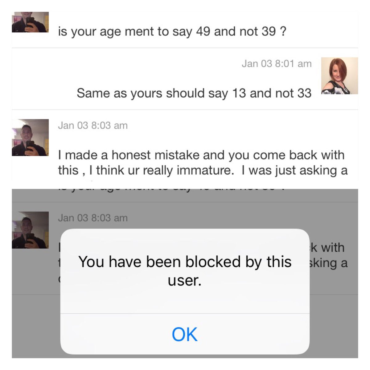 Dating_Sharing's tweet photo. Damn it! I had another really good smart arse response lined up for you too #Age #Immature #OnlineDatingSucks #POFFail #BlockedUser https://t.co/LGD7m7a5WC