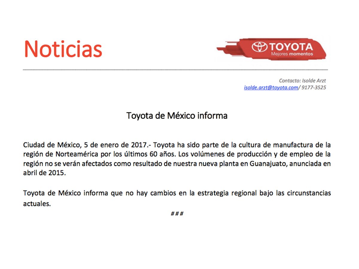 ToyotaMex's tweet photo. Toyota de México informa https://t.co/M4trpZn3XR