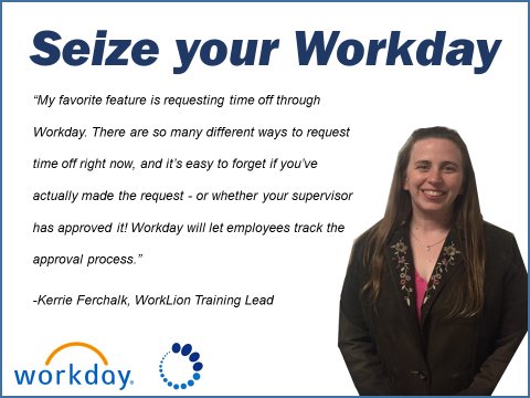 WorkLion's tweet photo. Training lead Kerrie Ferchalk is excited to request Time Off in Workday. #SeizeYourWorkday #PennState #WorkLion https://t.co/ssnc3osv2o