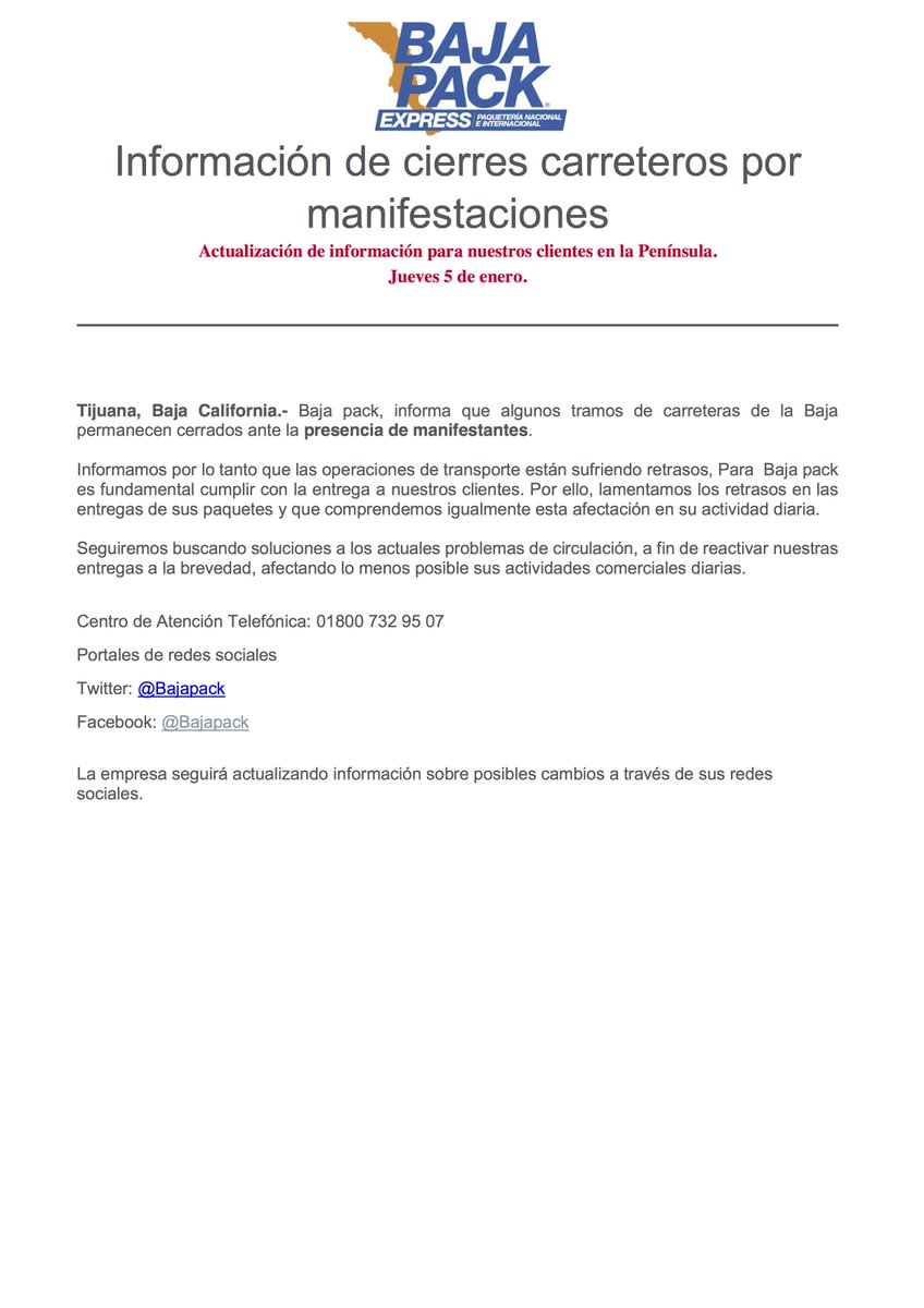 Bajapack's tweet photo. Información de cierres carreteros por manifestaciones. https://t.co/FL9MnqLCFY