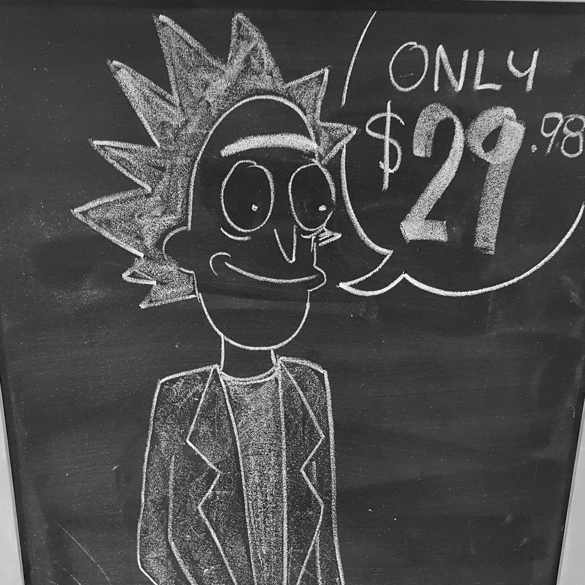GOOEYB0Y's tweet photo. Had to Rick the shit out of the chalkboard at work! #RickandMorty #Justinroiland #DanHarmon #geniouses https://t.co/qIqTwBr9Tt