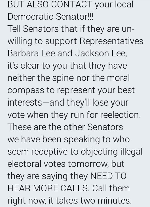davebernstein's tweet photo. 🚨 UPDATE: Call Senators tomorrow &amp; ask them to file an objection to tomorrow's EC vote count. No need to call House Members — just Senators. https://t.co/DKTwoTvWvq