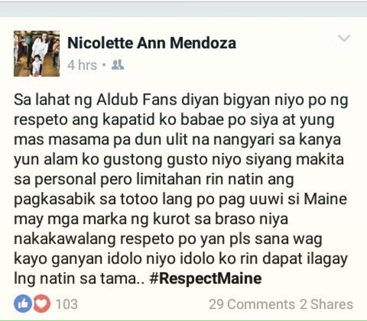 iambmc's tweet photo. Ate rin ako, I know what Nikki feels. 

Hope ayusin natin fan gurling tao rin cla nasasaktan.

#ALDUBDelightfulDuo
CTTO https://t.co/EQhHWLXsX2