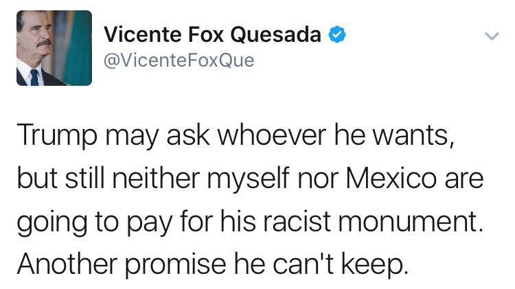 Latinos4Bernie's tweet image. Hey @realDonaldTrump,

In case you missed the note from @VicenteFoxQue, former president of Mexico: