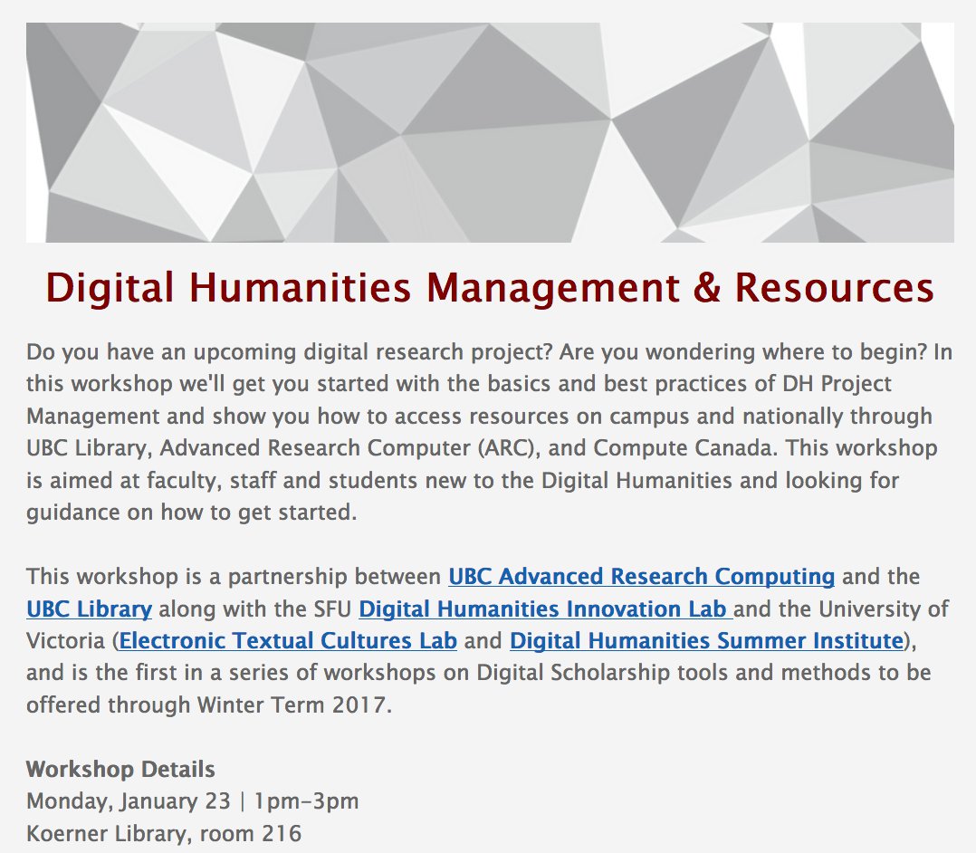 susanatkey's tweet photo. #UBC! Do you have an upcoming #digital research project? Wondering where to begin? New workshop Jan 23 can help: https://t.co/efAR0uts54 #DH https://t.co/H7iG8HIezi
