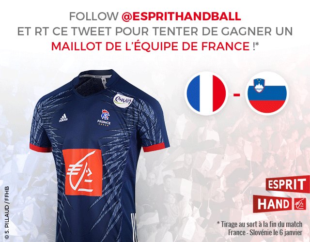 EspritHandball's tweet image. C'est parti ! 
Follow + RT pour tenter de gagner le nouveau maillot des Bleus à l'occasion de #FRASLO ! 😃
#EspritHandball