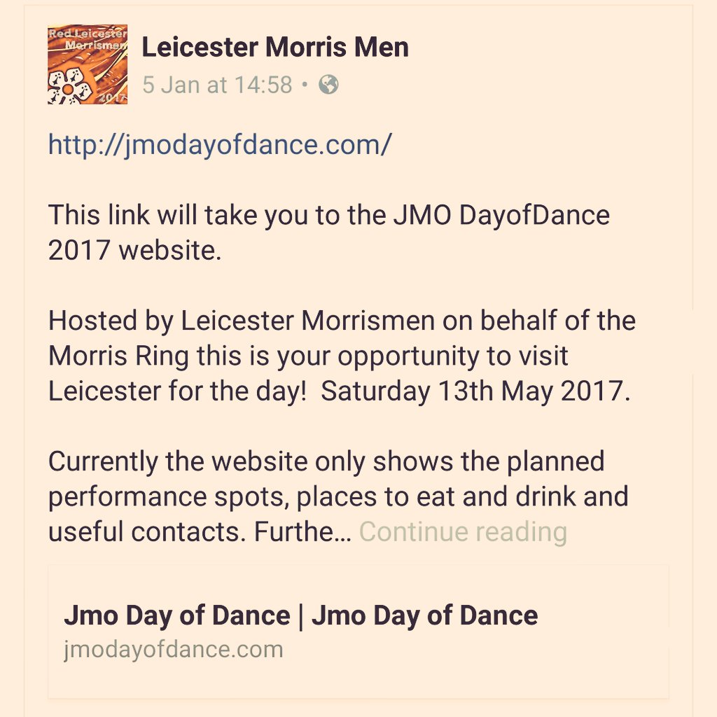 Information on the Joint Morris Organisations' (JMO) Day of Dance in #Leicester 
13 May
facebook.com/groups/3805598…
