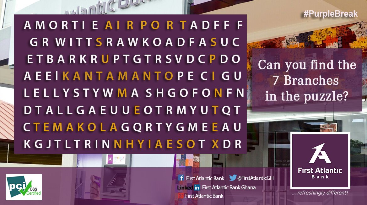 FirstAtlanticGH's tweet photo. Here are the answers to yesterday's #PurpleBreak puzzle.
Congrats to @fiifisekyi and @nanasarfo_jr for their correct answers
#MyPurpleBank https://t.co/YlZMkPBbui