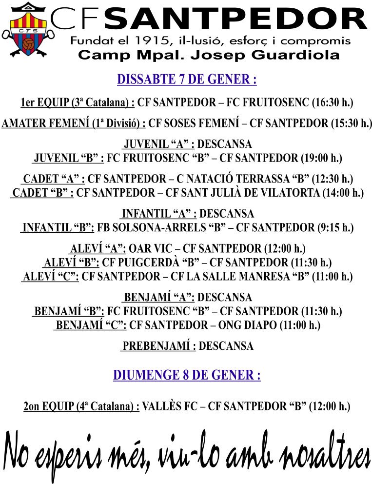 Partits 7 i 8 de Gener.
No esperis més, viu-lo amb nosaltres.
cfsantpedor.cat/partits-7-i-8-…