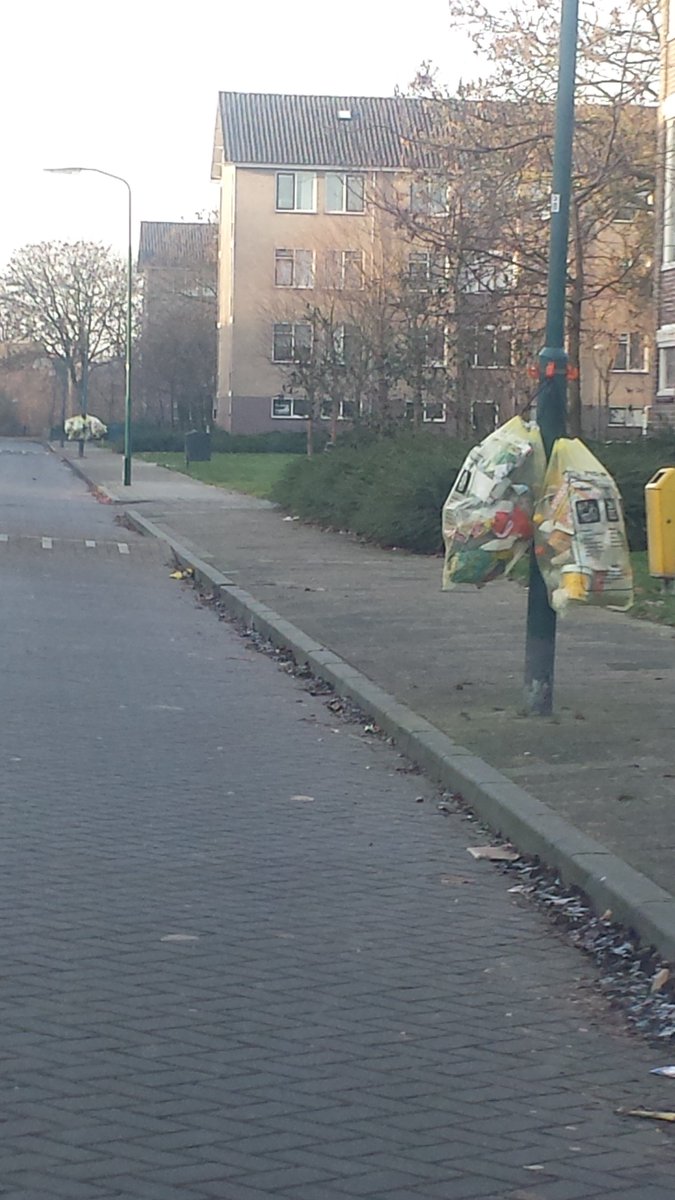 woutshov's tweet photo. @gemeentewoerden dit is beeld nu hobbemastraat alle palen vol met zakken https://t.co/SFvg9qjkEc