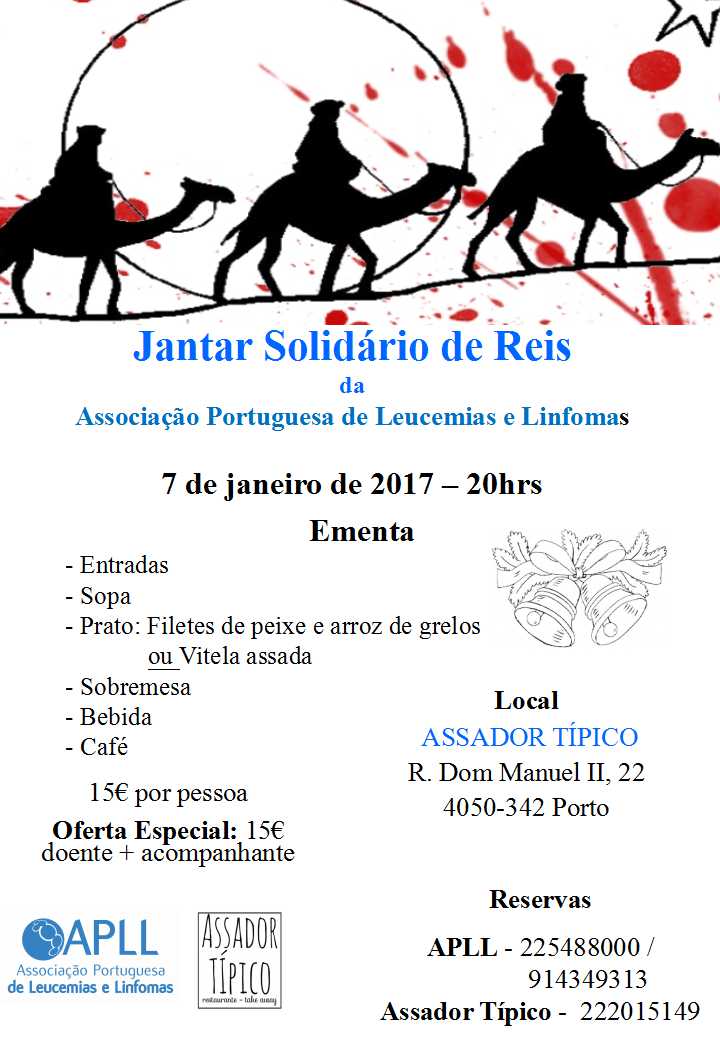 APLL_2016's tweet image. Venha ao Jantar Solidário de Reis organizado pela Associação Portuguesa de Leucemias e Linfomas!