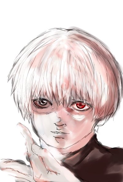 パレットでお絵描き こちらはデジタルカラーイラストです 漫画 東京喰種 より 白 なので白髪になったカネキ 白カネキ を描いてくださったそうです 瞳の赤だけではなく髪や肌にも赤を使っていて統一感と雰囲気を生み出しています 左ほほ 骨のハイ