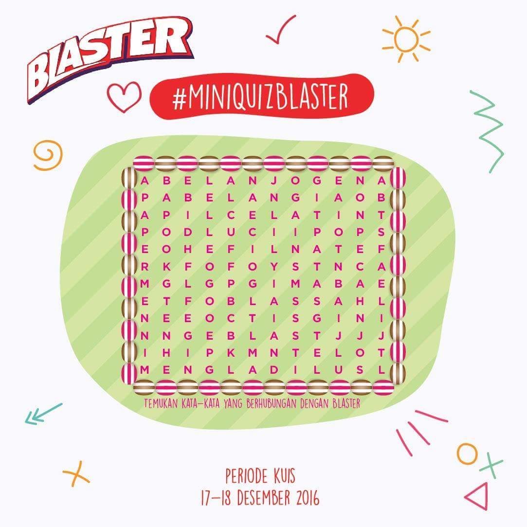 Blasterholic's tweet photo. Blasterholic, ayo ikutan #MiniQuizBlaster periode 7-8 Januari 2017! Temukan 3 kata yang berhubungan dengan Blaster! https://t.co/sQhrvCUfok