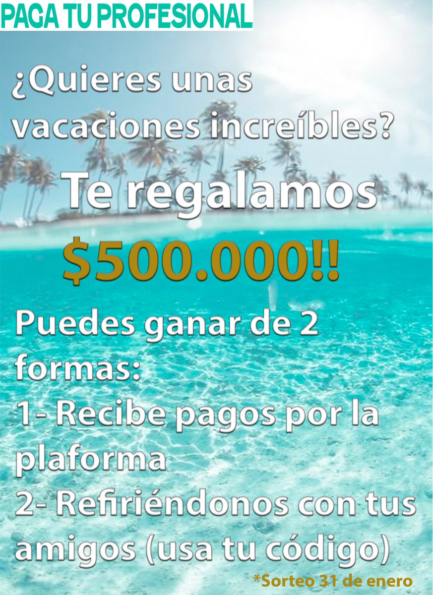 Si quieres ganar $500.000, usa mi código (2069) para inscribirte. Luego invita a tus amigos o recibe pagos y ya estarás participando!