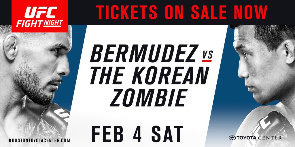 ufc's tweet photo. 🚨 HERE WE GO 🚨

#UFCHouston: @MenaceBermudez vs @KoreanZombieMMA 🎟 are on sale NOW!!! ➡️  ➡️  ➡️ https://t.co/h1X6Aq9h8B https://t.co/3WJ3ccmGs4