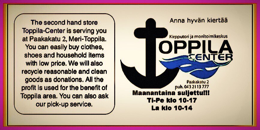 ToppilaCenter's tweet photo. Open SAT 10-14 TUE - FRI 10-17 Welcome‼☺
#secondhand #RecycleandReuse #sale #shoes #warm #clothes #MeriToppila #Oulu https://t.co/c9LszHib9Y