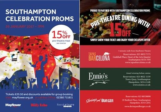 Fancy 15% off pre-theatre dinner before Southampton Celebration Proms?! Look no further! <a href="/TapasSouth/">Tapas Barcelona</a> <a href="/EnniosSoton/">Ennio's Ristorante</a> <a href="/ShrimpBurgerCo/">Shrimp and Burger</a> #SCP