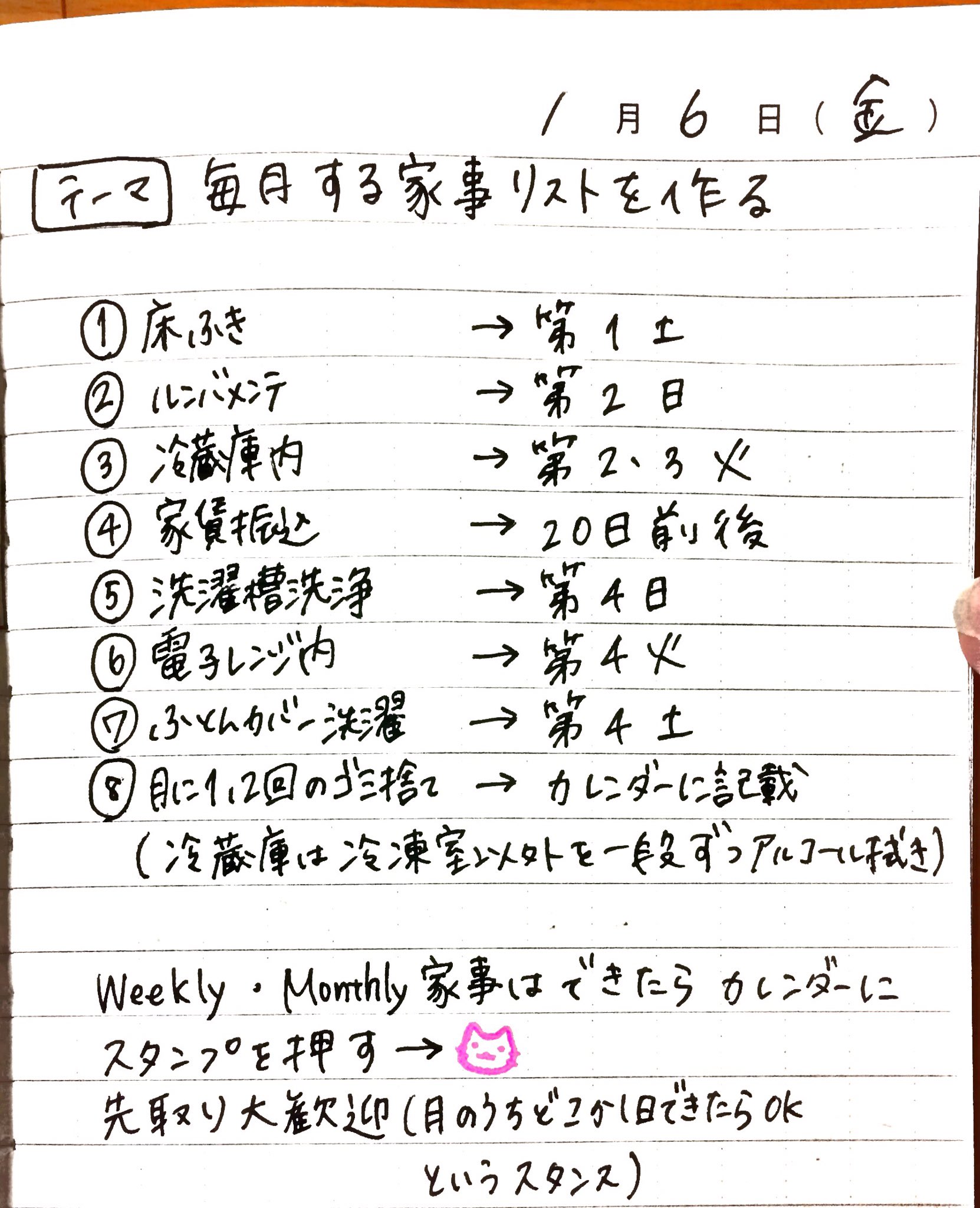 にな とっておき家事ノート 1 6のとっておき家事 毎月する家事リストを作る とりあえず思いつくものをリストアップし 鳥かごカレンダーに記載 1月のウィークリー マンスリー家事予定表の完成 軌道に乗るまでは毎月見直します 実施したら猫の