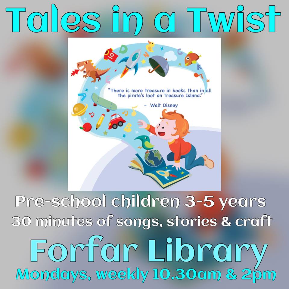angusalive's tweet image. Come along to #ForfarLibrary and join in their &apos;Tales in a Twist&apos; fun.