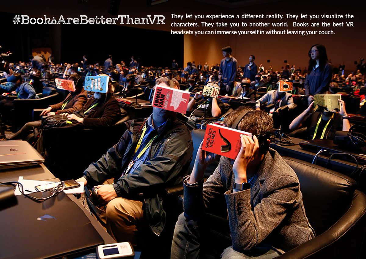 Rubecon's tweet photo. #CES2017 #books #VR #CNET @CNET @mashabletech We photoshopped @CES VR event to remind the world that #booksarebetterthanVR https://t.co/Wj4zVBErlr