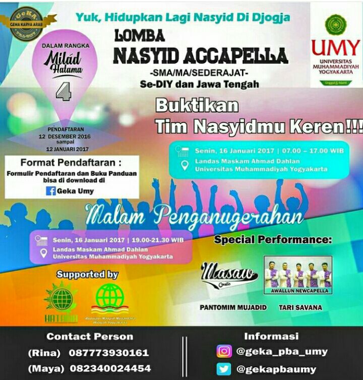 Khusus buat adek2 SMA/sederajat.. Yukk ikuti lomba nasyid paling keren awal tahun ini.. InsyaAllah banyak kebaikan 😊 Supported by: ANN JOGJA