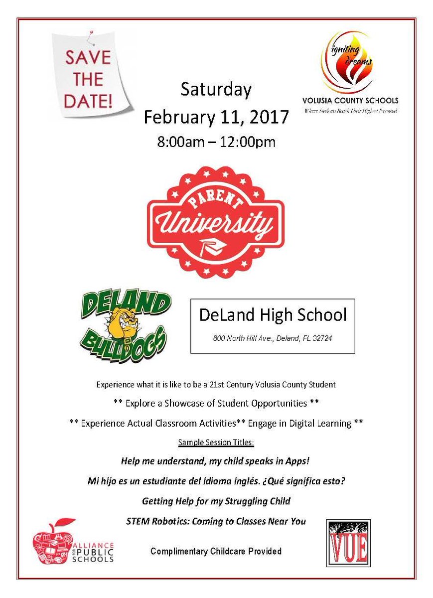 Save the Date! Parent University will be held on February 11, 2017, at DeLand High School from 8 am to noon.