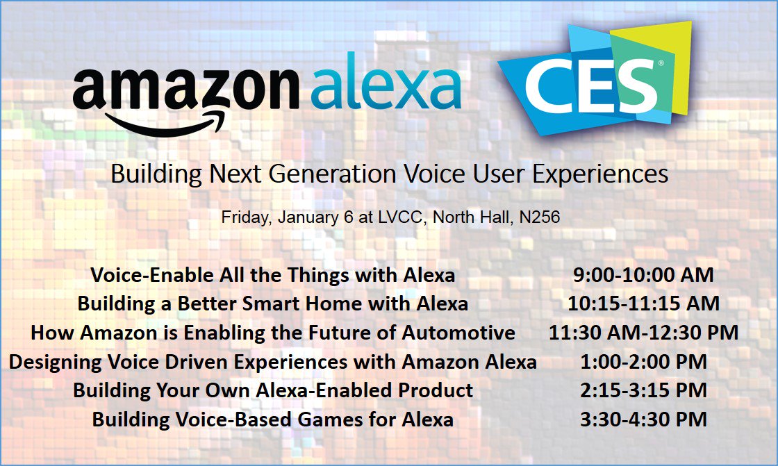 alexadevs's tweet photo. Are you coming to Amazon #Alexa's conf. track at #CES2017? We start at 9am w/ Chief Evangelist @thedavedev. Check out the schedule below. https://t.co/UJp2HHt9y0