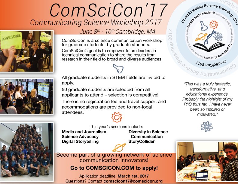ComSciCon's tweet image. Applications now open for #comscicon17 ! Our 5th annual #scicomm workshop for graduate students is this June. Visit: comscicon.com/apply-comscico…