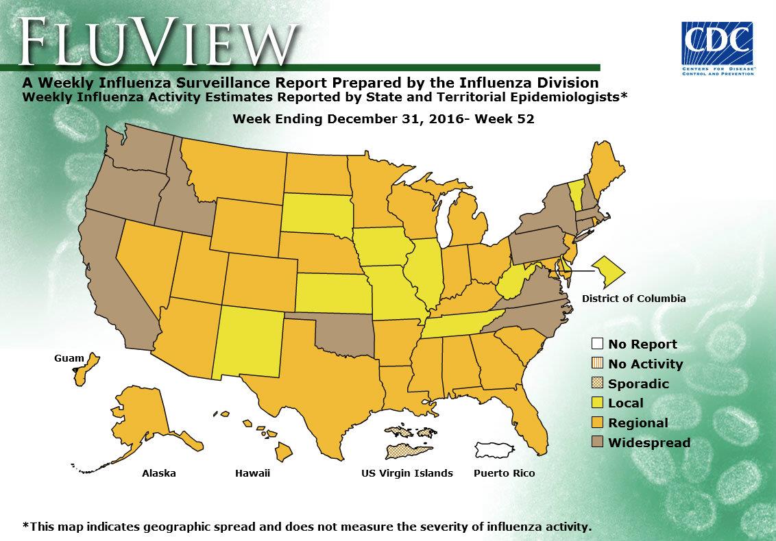 NationwideMS's tweet photo. CDC's Influenza Activity for 12/31/16. The west coast and upper east coast have widespread activity. Most of the U.S. has regional activity. https://t.co/Cn2A5BN8pg