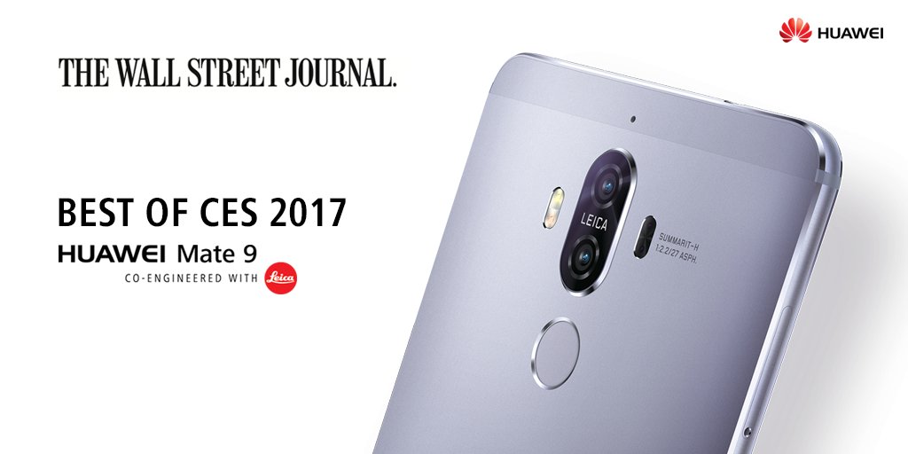 HuaweiMobile's tweet photo. The Huawei Mate 9 has been selected in the @WSJ’s ‘Best of CES 2017’. #HuaweiCES2017 https://t.co/RTpym7D8zE https://t.co/GtelyNLN3D