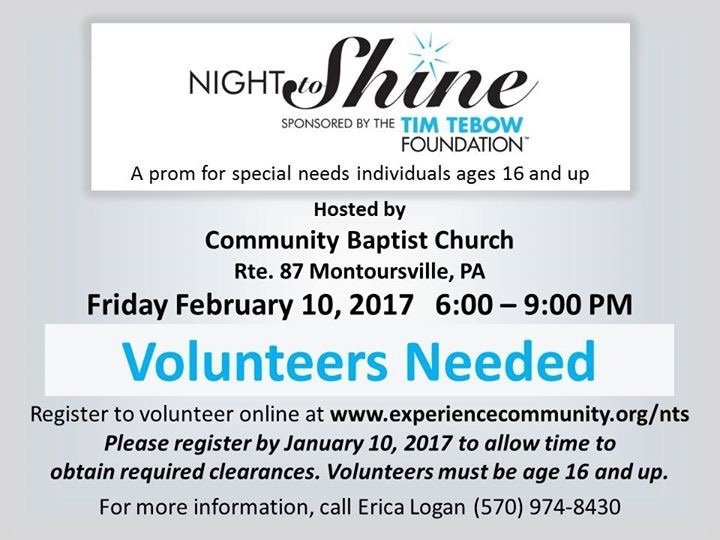 BLaSTIU17's tweet photo. Volunteers needed for the Night to Shine, a prom for young adults with special needs! Sponsored by @tebowfoundation @TimTebow https://t.co/AJ5EVp5pXO