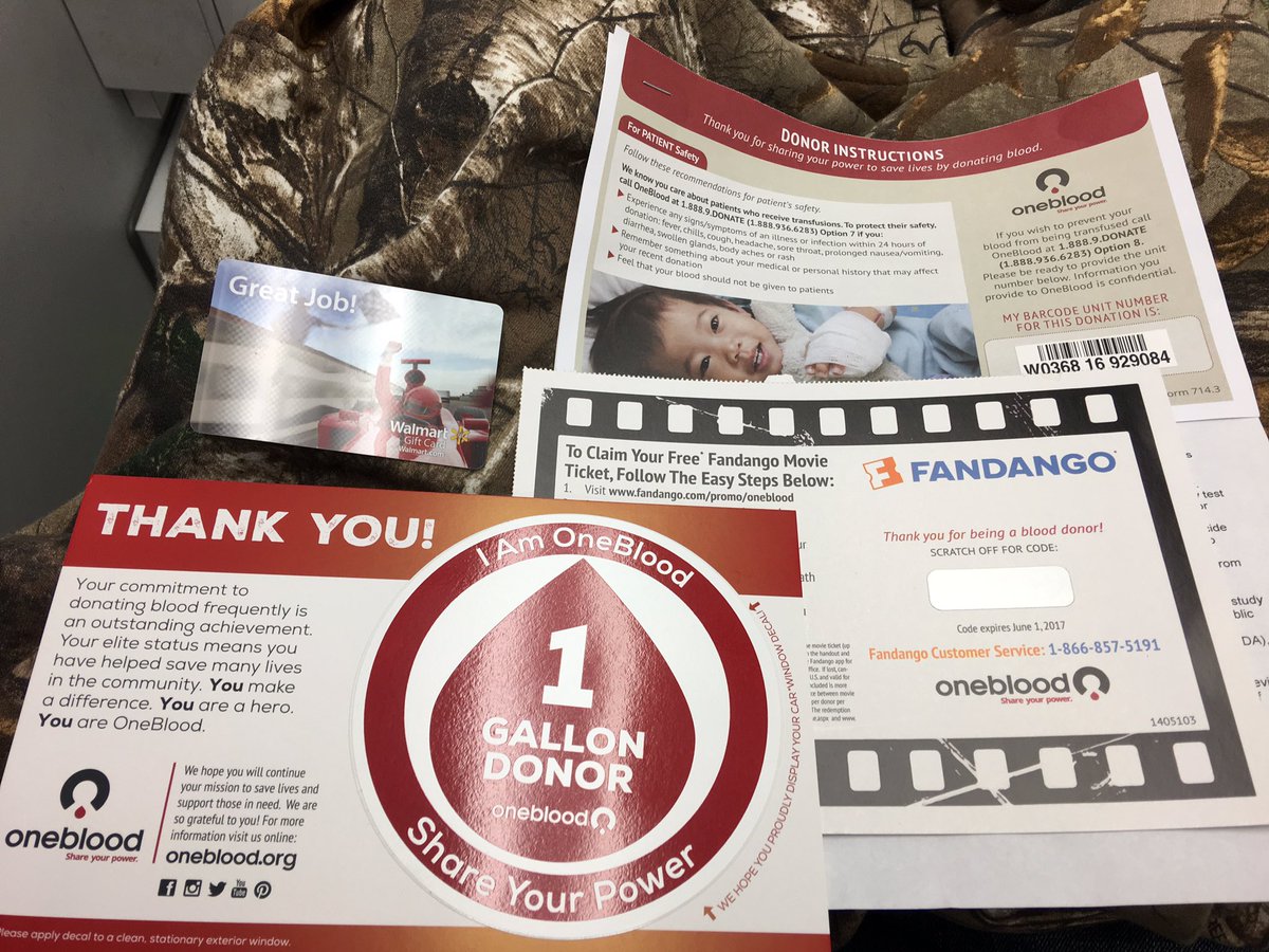DannyLeBlanc24's tweet photo. Thank @my1blood for the @Walmart gift card &amp; @Fandango movie ticket. #DonateBlood #SaveALife thanks Zach,Michael,Crystal, Catherine 💉👊#1gal https://t.co/bwnve2oV4U