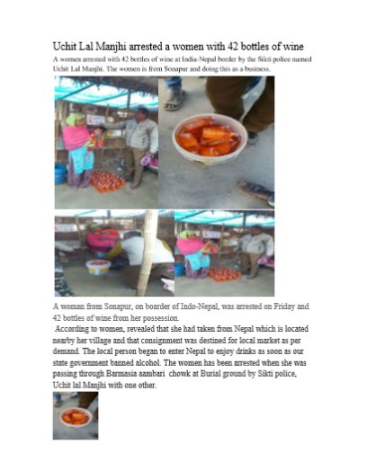 A women arrested with 42 bottles of wine at India-Nepal border by the Sikti police