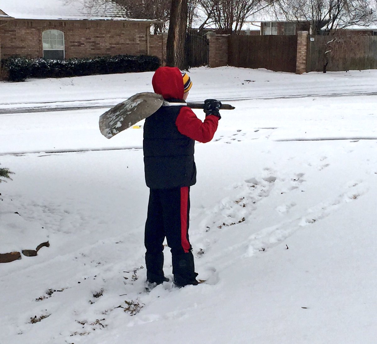 lancewest's tweet photo. I just love young entrepreneurs.  This little guy is shoveling driveways to save for college!  #snowpocalypse https://t.co/lj0mDKUWvw