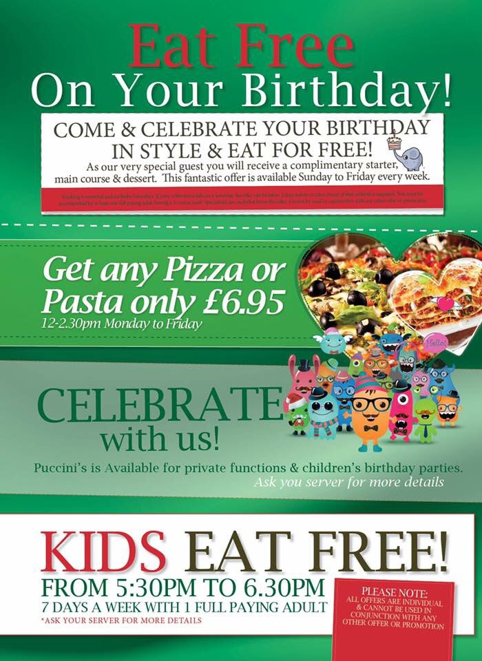 All of our offers are returning for 2017!! #eatfree #birthday #kidseatfree #lunchtimeoffers #southampton #offers #puccinis #italian