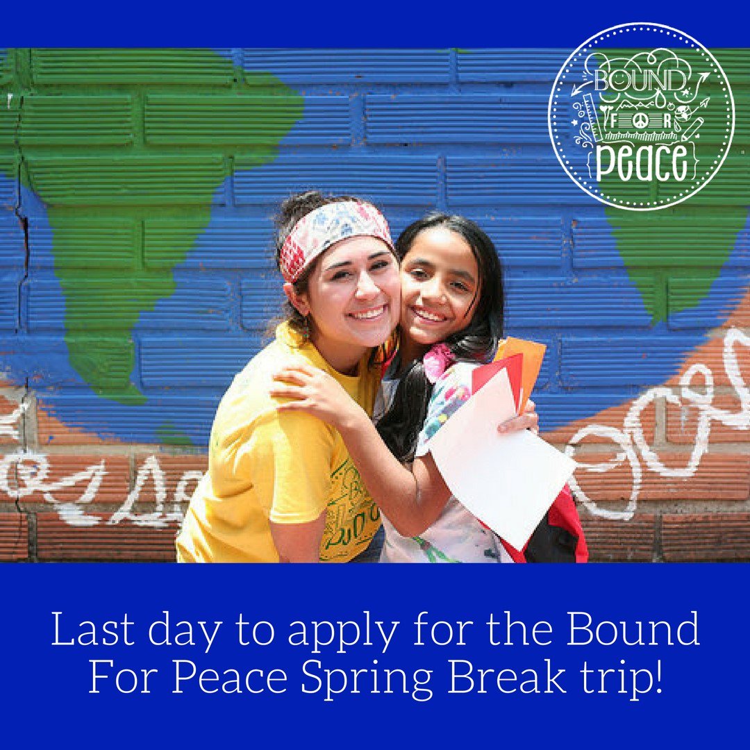 IAMCBOB's tweet photo. Applications for our Bound For Peace Spring Break trip CLOSE TODAY! To find more information &amp; apply visit https://t.co/LibyRxdTYq #bfp2017 https://t.co/FqBwcYXPuZ