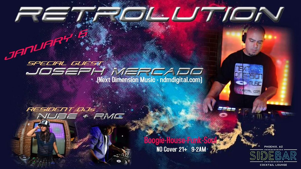 NubePHX's tweet photo. TGIF! First Friday's RetroLution at #SideBarPhx TONIGHT! 9-2am. #Periscope broadcast 2nite!#TGIF #housemusic #Phx#AZ https://t.co/xPGFlBhUv8