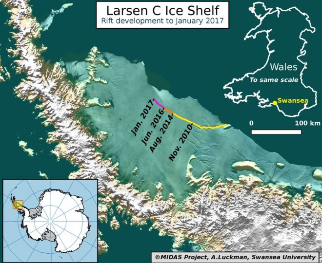 The Antarctic Report Like A Loose Tooth Only km Connecting 5000km2 Piece To Larsen C Ice Shelf Will Be One Of The Largest Icebergs Ever Recorded Midasonice T Co 9f9r9i6u73