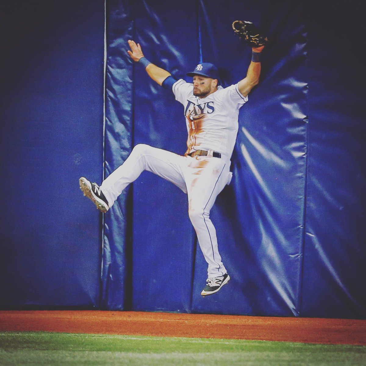 RaysBaseball's tweet photo. Good thing there's a lot of padding in that wall. #TopPicsOf2016 https://t.co/zRgDUTZPV7