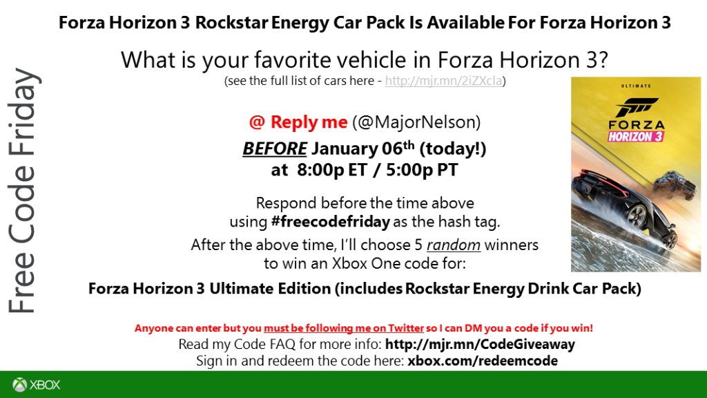 Larry Hryb 💫✨ on X: #FreeCodeFriday time. Read this and you could win a  code for Forza Horizon 3 Ultimate Edition on Xbox One. Good luck.   / X