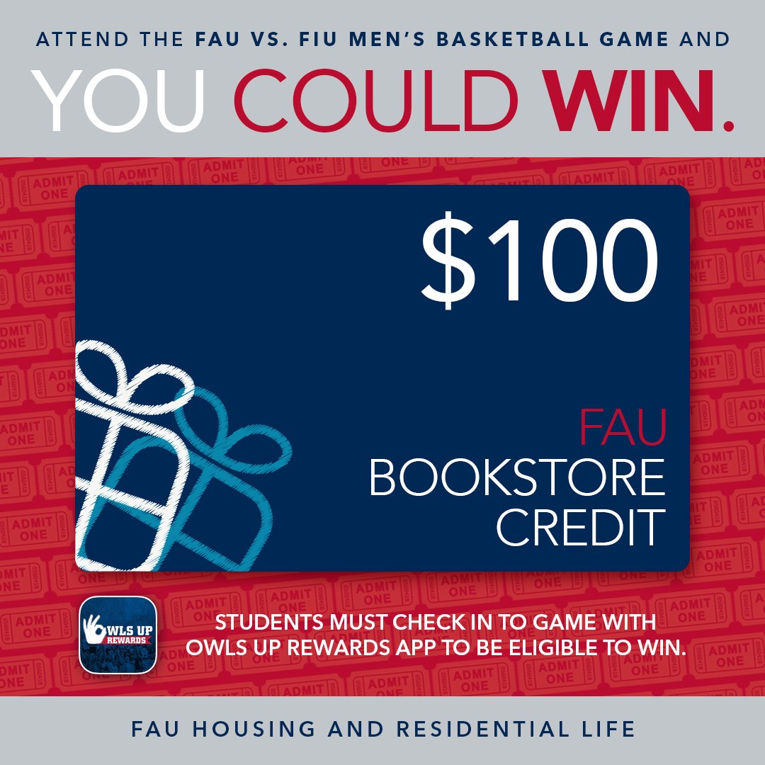 Check in at 2pm tomorrow at the Men's 🏀  game and you could win $100! Download the Owls up rewards app from your apple or google play store